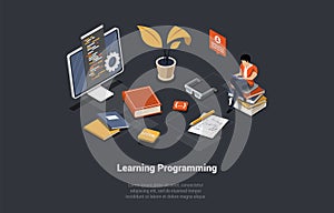 Concept Of Programming And Coding Learning. Software Coding, Testing, Debugging. Frontend And Backend Apps Programming
