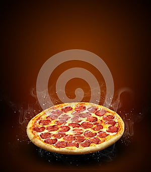 Concept promotional flyer and poster for pizzeria menu with delicious taste pizza pepperoni, mozzarella cheese and copy space