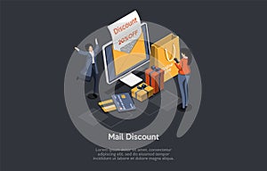 Concept of Promotions, Sales And Online Internet Shopping. Man And Woman Buy Goods Online With Mail Discount, Paying By