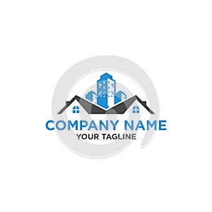 The concept of a property logo with two roofs and a multi-storey building in the middle