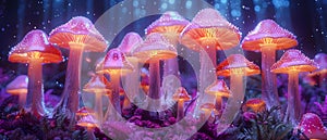 Concept Psychedelic Research, Psychedelic mushrooms in neon lab setting for therapy research