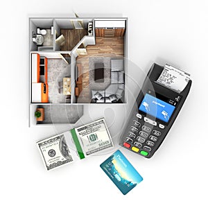 Concept of purchase or payment for housing Apartment layout with a stack of money american hundred dollar bills and POS terminal