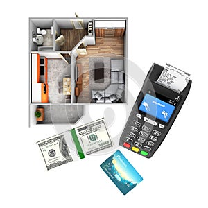 Concept of purchase or payment for housing Apartment layout with a stack of money american hundred dollar bills and POS terminal