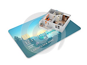 Concept of purchase or payment for housing illustration of Apartment layout located on a credit card 3d render