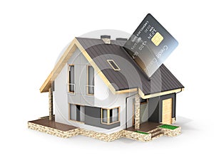 Concept of purchase or payment for housing Illustration of a house as a pos terminal with credit card isolated on white background