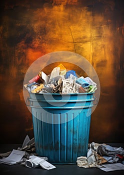 Concept of Quality Decline. Illustration of an overflowing trash bin next to disorganized papers and unfinished work.