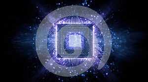 Concept of Quantum Computer Processor Surrounded by Light Particles and Laser Beams for Unbreakable Encryption in Future