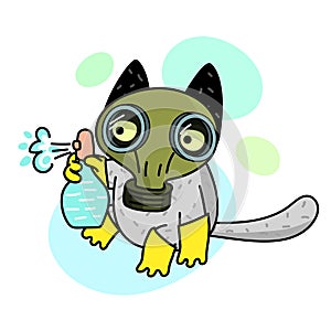 Concept of quarantine. Cartoon cat in gas mask and holds disinfector.