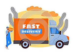 Concept of quick shipping service. Delivery person with a package next to a van with FAST DELIVERY text, vector