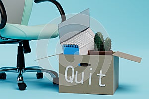 the concept of quit. a chair and a box of things with the inscription quit on a blue background. 3D render