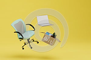 the concept of quit. a work chair, a laptop and a box of things flying on a yellow background. 3D render