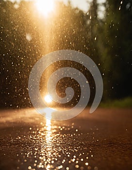 Concept of rain, sun and water. Drops of water shimmer in the backlight