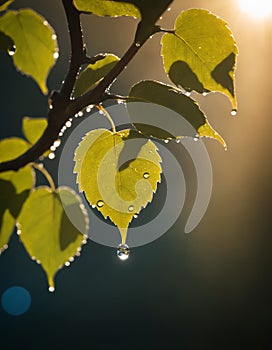 Concept of rain, sun, water and green leaves on a tree. Drops of water shimmer in the backlight