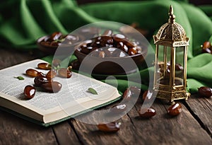 The Concept Of Ramadan. Dates on a wooden table with rosary beads and green drapery. Space for the text on the right