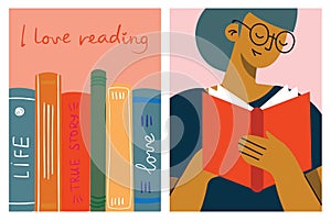 The concept of reading day. People hold a book in their hands. Human character on the background. Flat design style