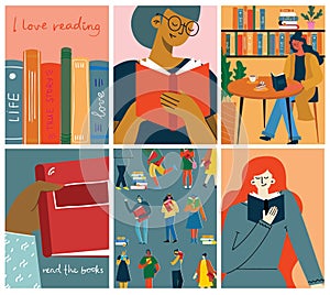 The concept of reading day. People hold a book in their hands. Human character on the background. Flat design style