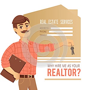 The concept of real estate services. Agent showing a house.