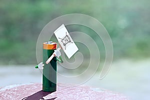Concept Recucle batteries. Battery holds an empty poster Waste Electric and Electronic Equipment WEEE. Blutted green background wi photo