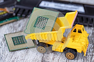Concept : Recycling of old computer boards and processors on an industrial scale