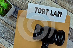 Concept of Red Handle Rubber Stamper and Tort Law text isolated on on Wooden Table