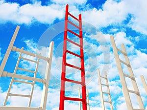 Concept Red Ladder To Success. Clouds Blue Sky Background