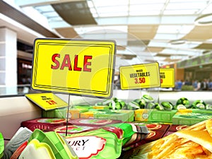 Concept of reduced food prices plate with discount price tag in the fridge with vegetables 3d render