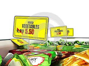 Concept of reduced food prices plate with discount price tag in the fridge with vegetables 3d render on white
