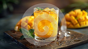 concept of a refreshing summer drink clear glass filled with fresh mango lemonade and ice cubes, perfect for beating the