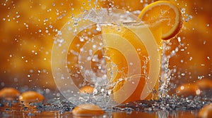 concept of refreshing summer drink: orange juice splashes onto a clear glass surface, vividly capturing the essence