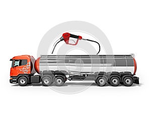 Concept refueling gasoline tank truck with fuel 3d render on white background with shadow