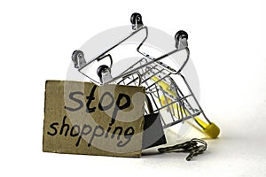 The concept of refusing to buy a reasonable consumption is an inverted shopping basket with a padlock x keys and a sign with the