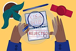 Concept rejected working American visa, top view. Employee's hands approved American visa. Table at the embassy. Vector