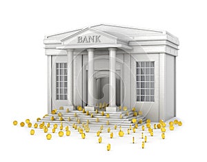 The concept of reliable savings. A bank building that fills with gold coins.