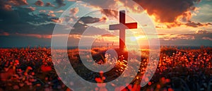 Concept Religious Symbolism, Spiritual Serene Cross at Sunset Symbol of Faith and Renewal