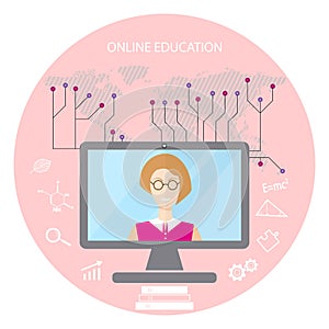 Concept of remote learning. E-learning school university illustration. Coach conducts online training on the map of the world back