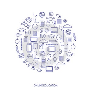 Concept of remote learning. Set of education thin line icons in blue. Circle from thin line icons of online education.