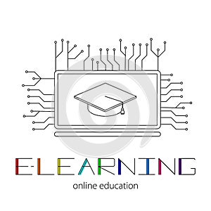 Concept of remote learning. Silhouette of a laptop and academic cap. Logo of E-learning and colorful lettering.