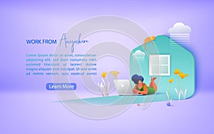 Concept of remote working and work from anywhere. Working from home during Covid-19. Landing page template.  Vector illustration