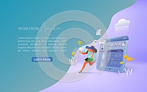 Concept of remote working and work from anywhere. Working from home during Covid-19. Landing page template.  Vector illustration