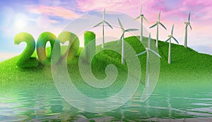 Concept of renewable energy sources. 2021 the inscription Wind turbines