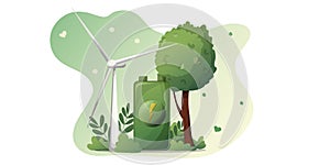 concept renewable, green energy planet. windmill, battery, tree, earth day. Protection of Nature.