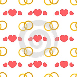Concept of repeating rings and hearts on white background. Wedding pattern for printing on wrapping paper invitations