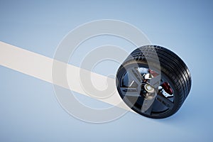 the concept of replacing the wheels of the car. the wheel rolls on a white stripe on a blue background. 3 render