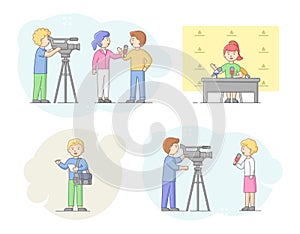 Concept Of Reportage And Interview. Journalists Interviewing People, News Presenters And Cameramen Or Videographers With