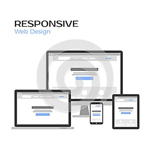 Concept Responsive Web Design. Landing page preview on gadgets screen. Flat vector illustration isolated on white