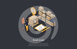 Concept Of Retail Trade. Business People Make A Deal Of Supply Goods. Characters Shaking Hands In Warehouse. Goods In