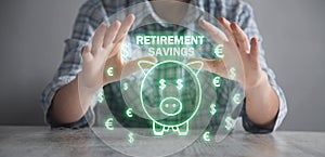 Concept of Retirement Savings. Piggy bank with a currency symbols