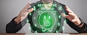 Concept of Retirement Savings. Piggy bank with a currency symbols