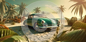 retro road travel tropical vintage vacation trip summer beach car. Generative AI.