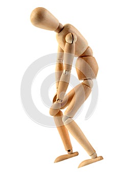 Wooden mannequin with knee pain on white background photo
